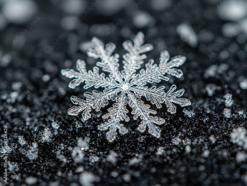 Poster beautiful macro shot of a snowflake on dark surface