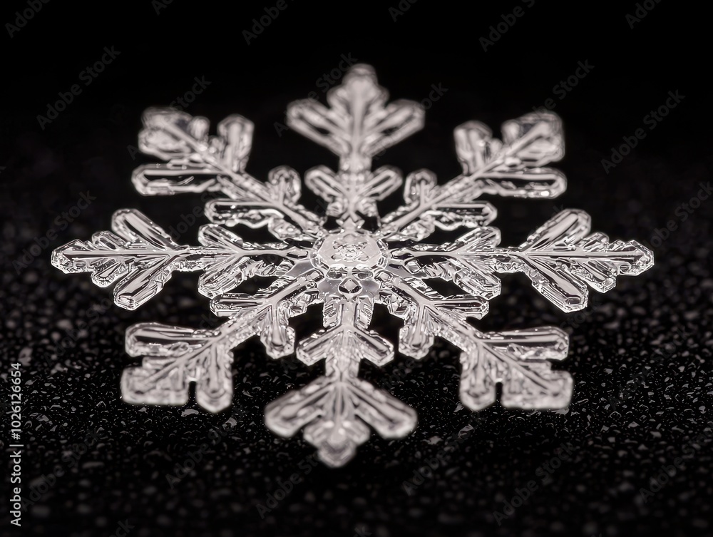 Poster close-up of a snowflake on dark surface