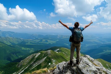 Obraz premium A man is standing on a mountain top, looking out at the beautiful landscape, generative ai image