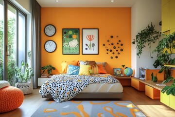 kid's room with poster template on the wall, large poster mockup, colorful, 10 year old kid