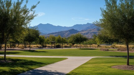 Scenic park view with mountains and clear blue sky