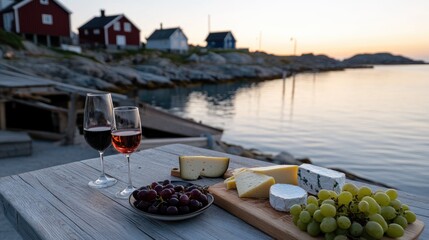 Obraz premium Scenic dining: exquisite table adorned with delicious treats, glass of wine, overlooking tranquil sea, picturesque coastal buildings, capturing essence of luxury, relaxation in every moment.