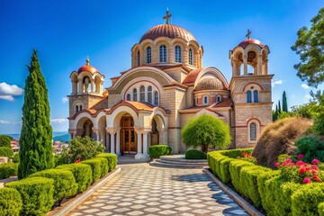 Obraz premium Panoramic View of Greek Orthodox Church with Blue Sky Background for Stunning Landscape Photography