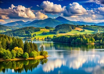 Panoramic View of Miedzybrodzkie Lake and Beskidy Mountains in Poland's Silesia Region
