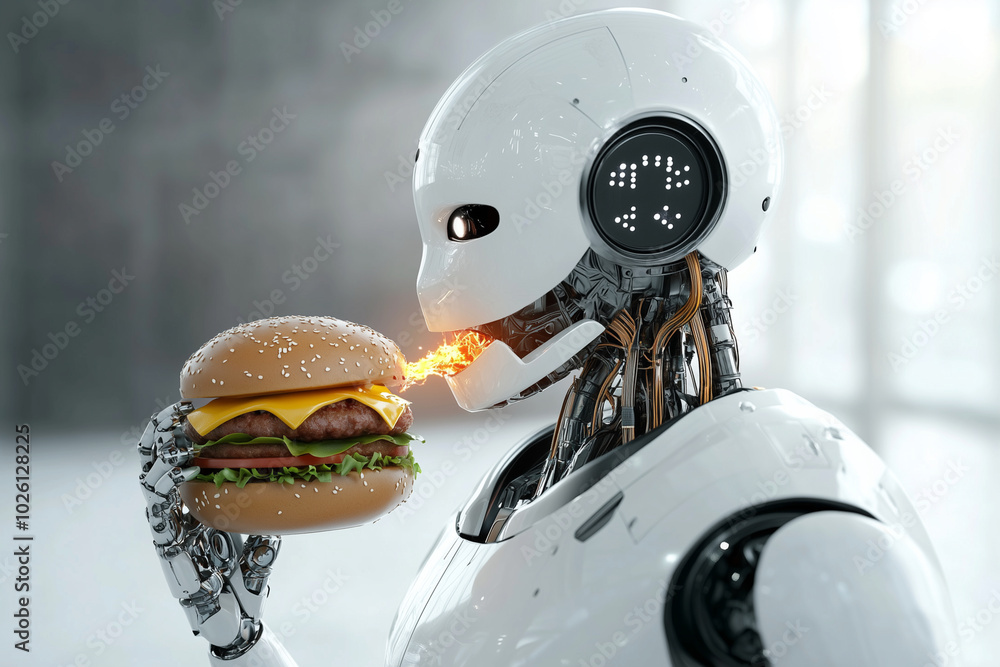 Poster robot is holding a hamburger in front of a fire. the robot is wearing a helmet and has a red eye. th
