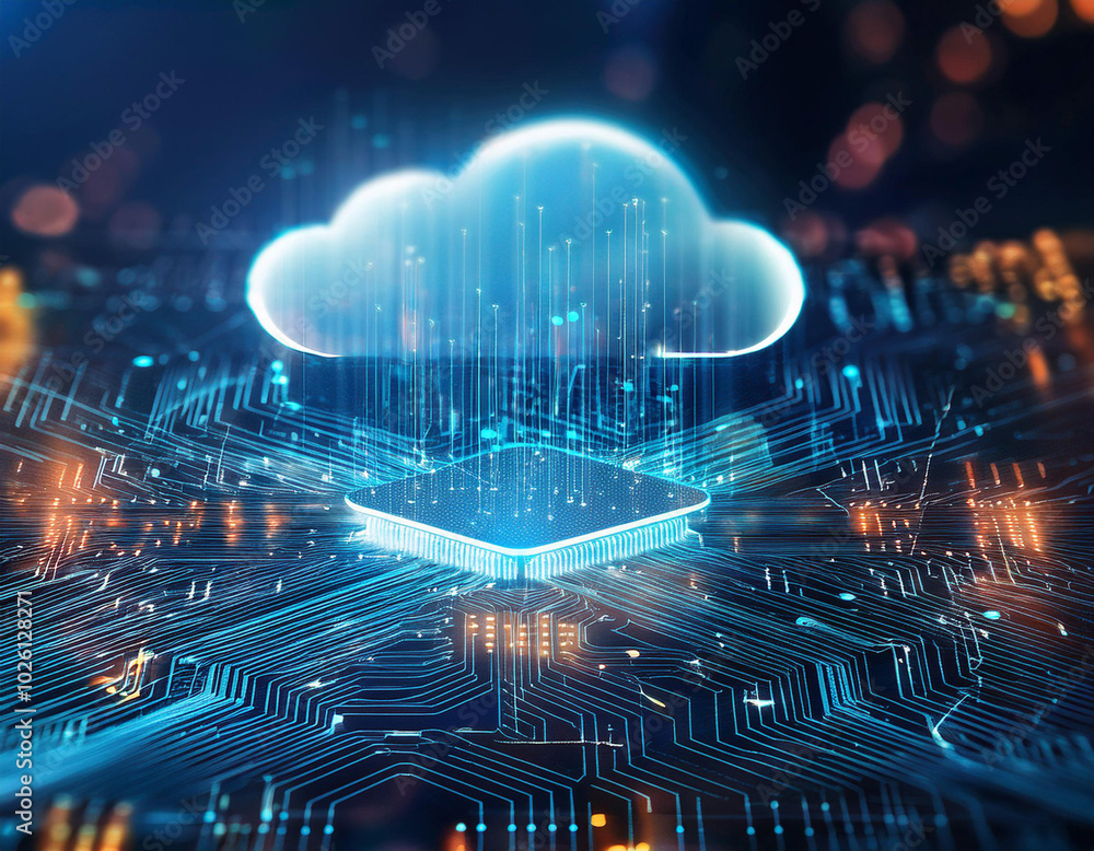 Poster close-up depiction of cloud computing technologies, featuring data storage, network connectivity, an