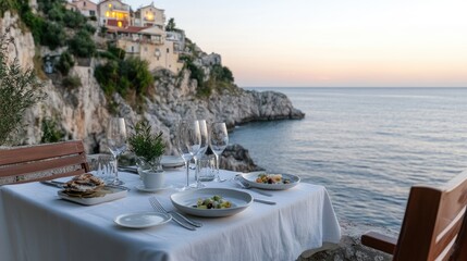 Coastal elegance: exquisite table set with gourmet delicacies, fine glass of wine, perfectly positioned to offer breathtaking views sea, charming coastal buildings, creating serene dining experience.