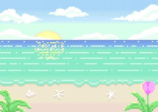 Sea and beach in morning with sunrise on blue sky background in pixel style.