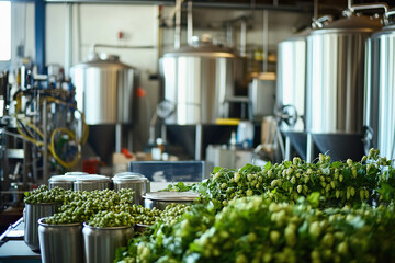 Behind the scenes of the brewing process with hops and barley in a craft brewery setting