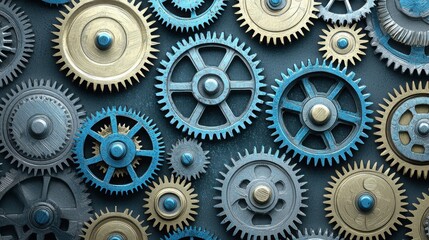 Sleek industrial design with metallic interlocking gears in a minimalist pattern, set against a solid background for striking contrast. 