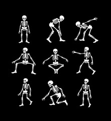 silhouette set of skeleton poses illustration vector design on white background 