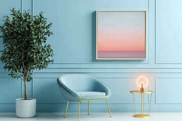 medium sized landscape white wood wall modern wall framed art on a light blue wall, with a bright chair under the frame. Next to the chair is a potted indoor tree, and a side table