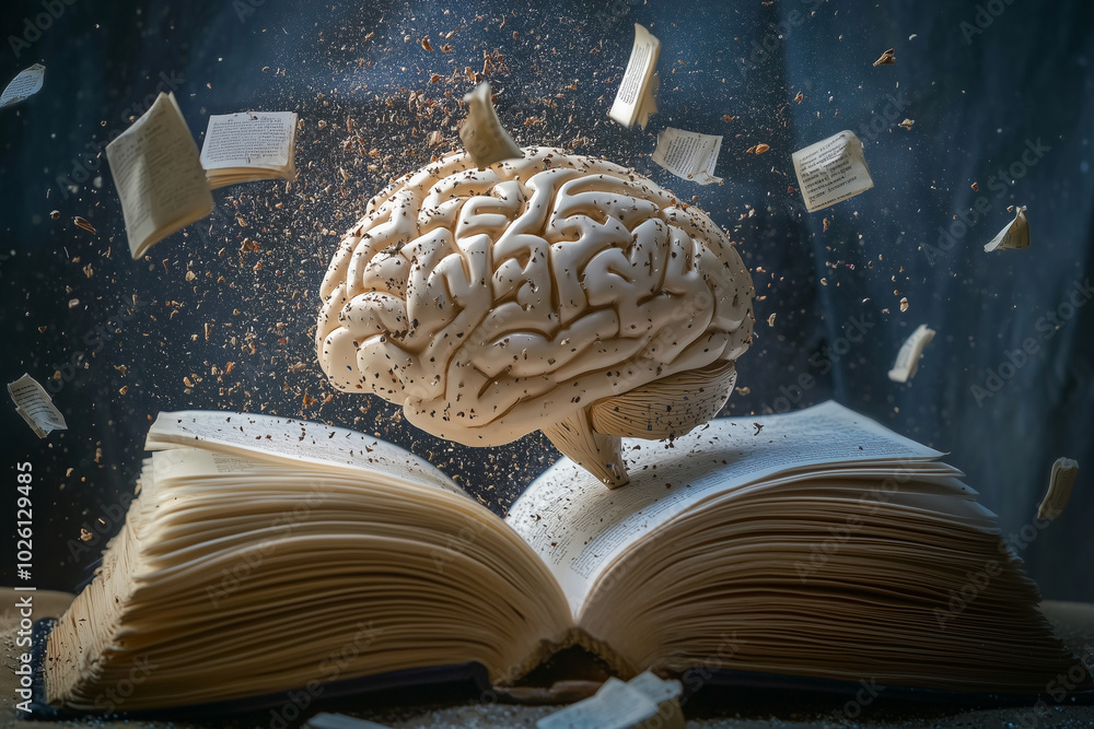 Aufkleber brain is floating in front of a bookcase full of books. the brain is surrounded by books, and it is 