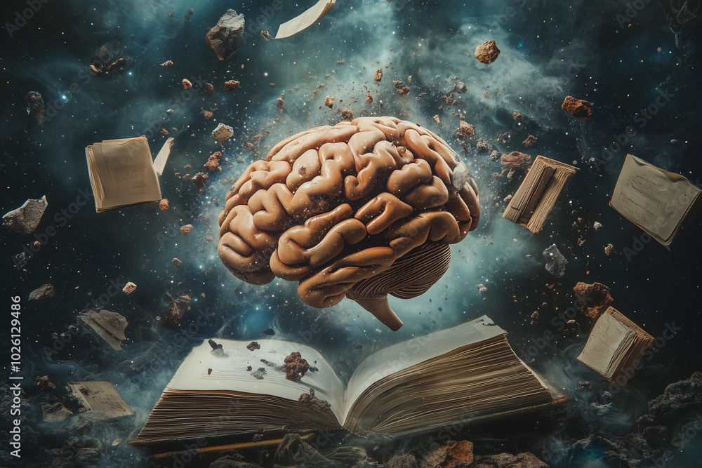 Poster brain is on top of a stack of books. the brain is surrounded by smoke and the books are scattered ar