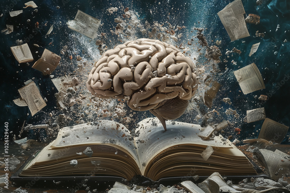 Poster brain is shown in the middle of an open book, with pills scattered around it. concept of chaos and c