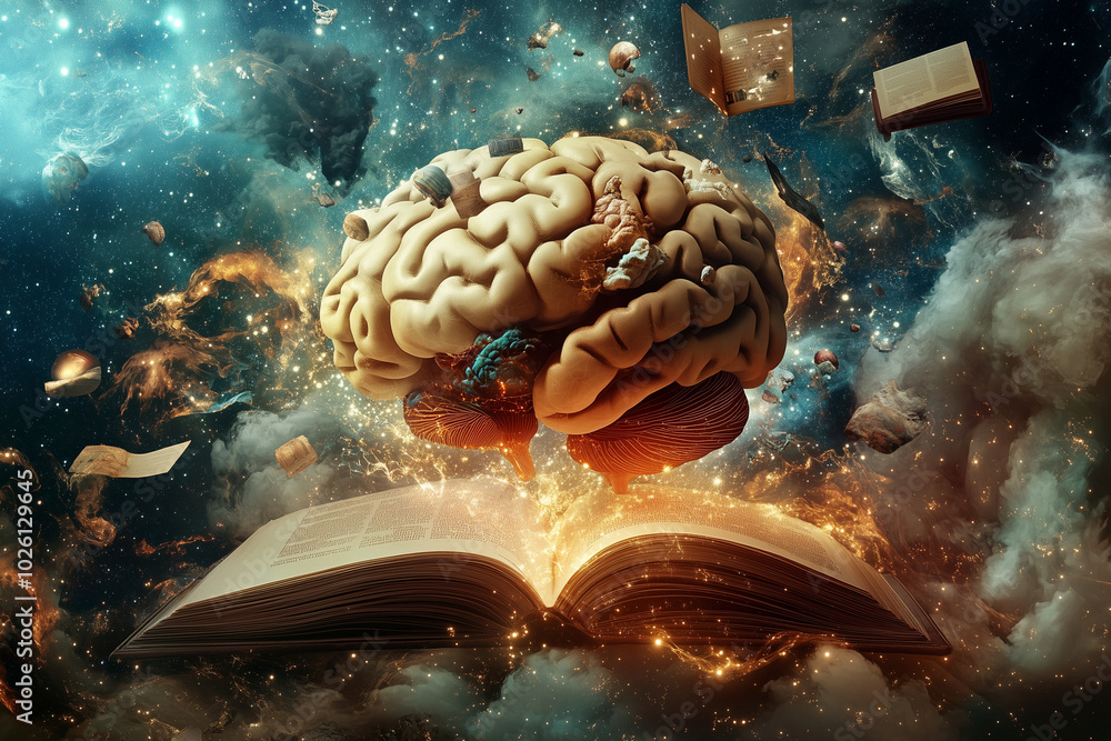 Poster brain is floating in space above an open book. the brain is surrounded by a cloud of stars and the b
