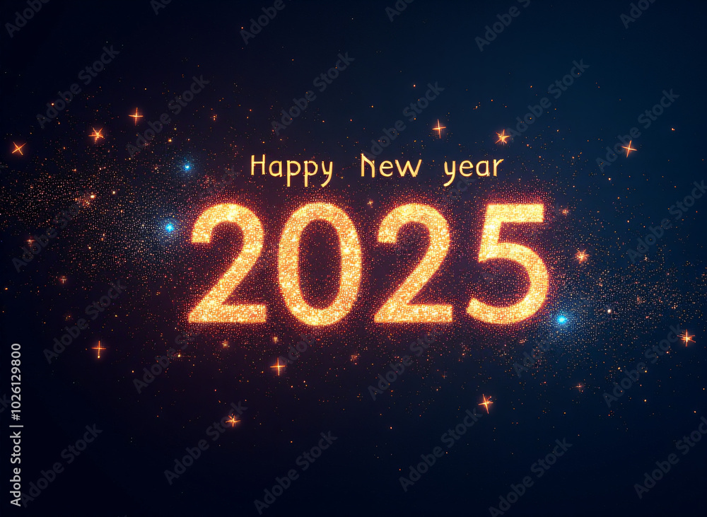 Poster a vibrant and elegant 2025 happy new year design features a dark background set against a twinkling 