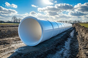 Large White Pipe in a Ditch with Blue Sky and Clouds