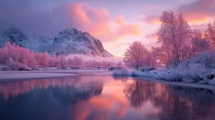 Fototapeta premium A stunning winter landscape with snow-capped mountains reflecting in a frozen lake at sunrise, with a pink hue from the clouds and trees.