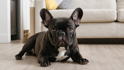 A French bulldog scratching its ear while lying on the living room floor