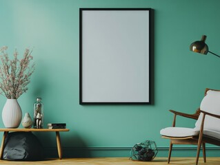 Minimalist composition of living room interior with green new year background, black poster frame mock up, furniture, decoration and personal accessories. Template.