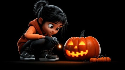 Spooky Season Fun: A cute cartoon girl lights a jack-o'-lantern on Halloween night.  The 3D rendered image is perfect for Halloween-themed projects, adding a touch of whimsy and spooky charm. 