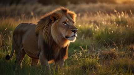 Obraz premium A majestic male lion stands in a field of tall grass, bathed in the golden light of the setting sun. The lion's mane is thick and dark, and his eyes are focused on something in the distance.