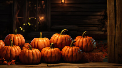 Rustic Halloween Pumpkin Display at Night
