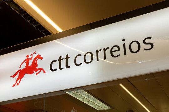 Correios de Portugal logo sign, or CTT, is a privately owned postal and logistics company based in Portugal after being bought from the Portuguese government in 2014. Lisbon, Portugal. 16 August 2023.