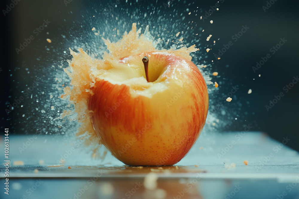 Poster close up of a sliced apple with a bite taken out of it. the apple is surrounded by a splash of juice