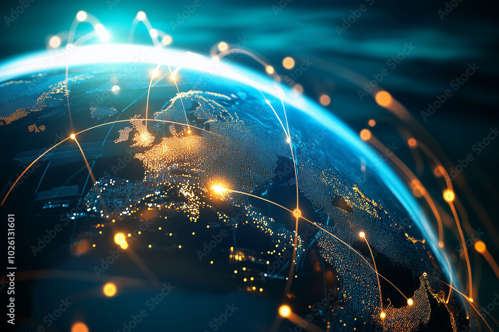 Poster globe with a network of lines connecting it to other globes. the globe is lit up with a blue and ora