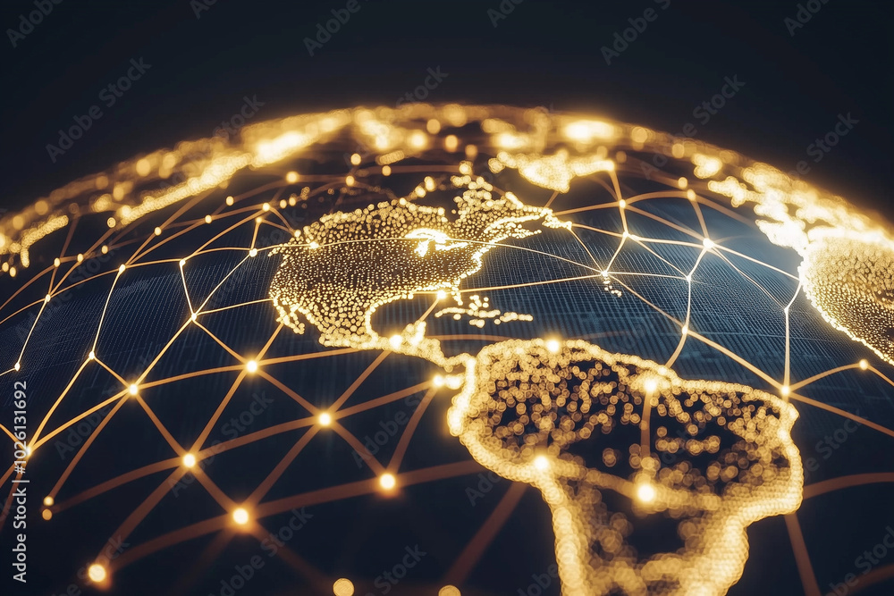 Poster globe with a network of lines connecting it to other globes. the globe is lit up with a blue and ora