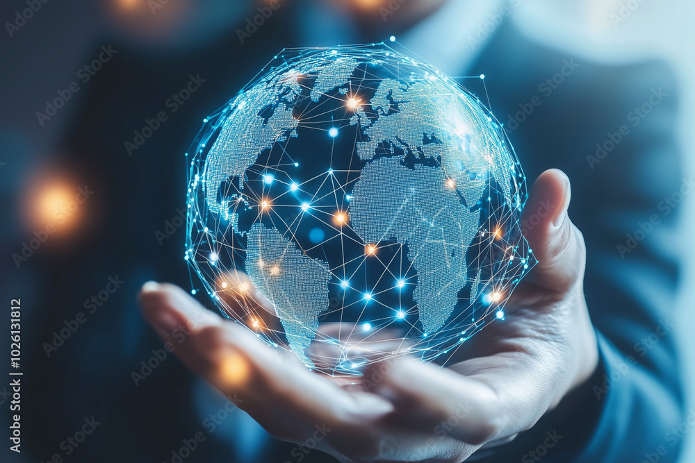 Poster hand holding a globe with a network of lines connecting it. concept of interconnectedness and the im