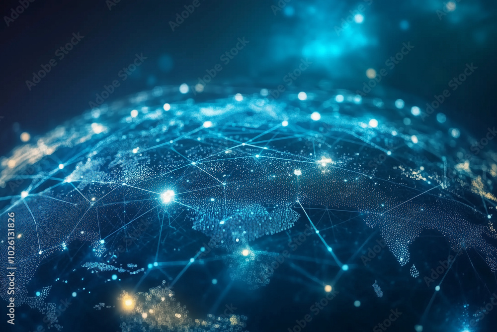 Poster blue globe with a network of lines connecting it. the globe is lit up with a blue and yellow glow