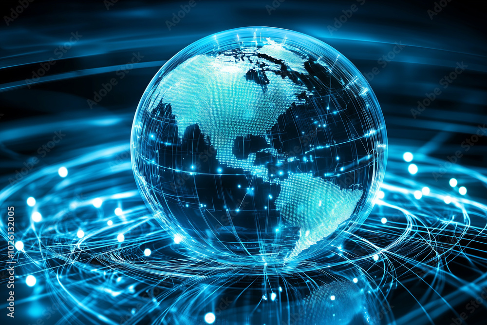Poster globe is sitting on a black surface with a network of lines surrounding it. the globe is clear and t