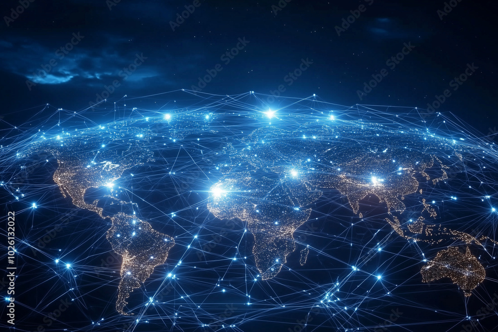 Poster blue globe with a network of lines connecting it. the globe is lit up with a blue and yellow glow