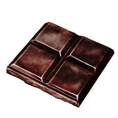 Chocolate piece watercolor. Hand drawn slice of dark chocolate bar on isolated white background. Clip art of sweet dessert. Ideal for logo and packaging of sweets, coffee shop menu and recipes