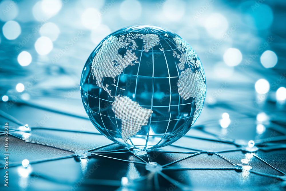 Aufkleber glowing globe with a blue and yellow surface. the globe is surrounded by a network of lights, creati