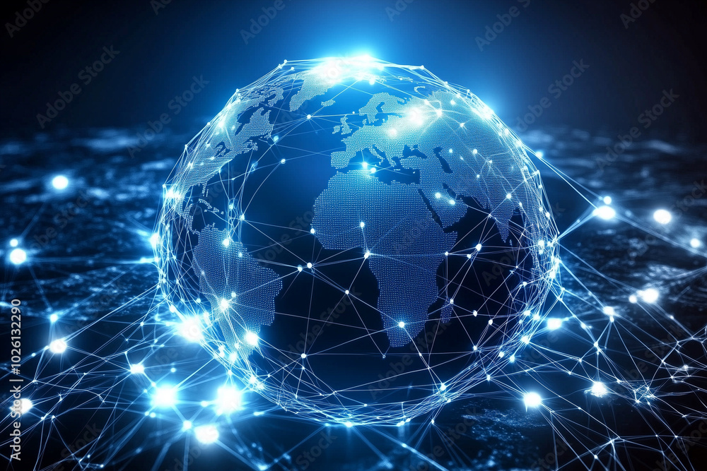 Poster globe is sitting on a black surface with a network of lines surrounding it. the globe is clear and t