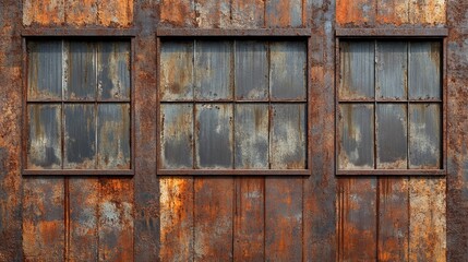 Weathered Rusty Metal Wall with Old Windows in an Industrial Setting