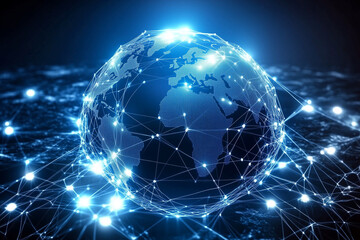 Obraz premium globe is sitting on a black surface with a network of lines surrounding it. The globe is clear and the lines are bright and colorful