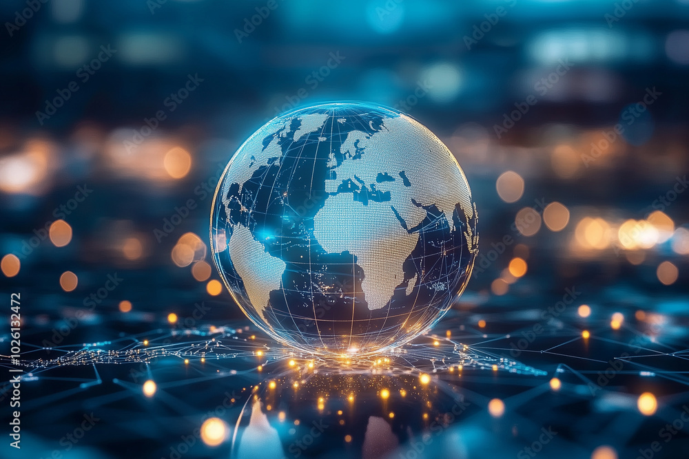 Aufkleber glowing globe with a blue and yellow surface. the globe is surrounded by a network of lights, creati