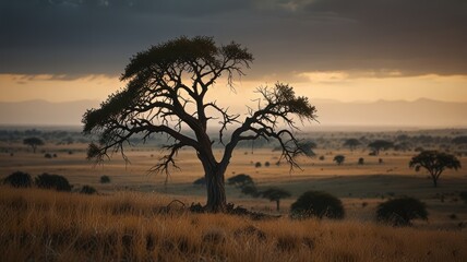 Obraz premium A lone tree stands silhouetted against a dramatic sunset over the African savanna.