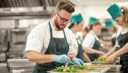 A manager leading a food safety training session with employees