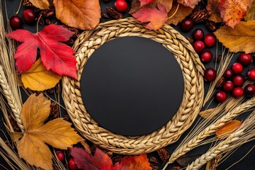 Premium photography featuring wheat ears, cranberries and autumn leaves arranged elegantly in a intriguing composition, a black circle in the middle leaves space for typography,