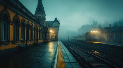 Obraz premium A train platform shrouded in fog with a train in the distance and an old building on the left.