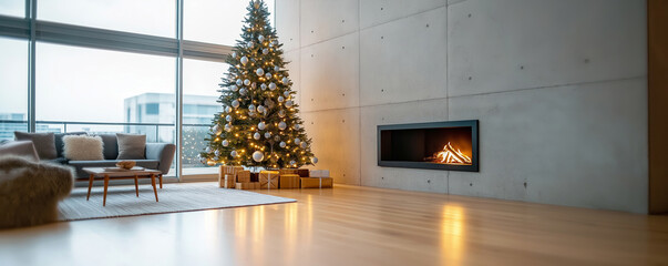 A cozy living room featuring a beautifully decorated Christmas tree, presents, and a modern fireplace, with large windows overlooking the city.