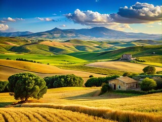 Obraz premium Scenic Agricultural Landscape of Sicily Island with Vibrant Colors and Lush Fields