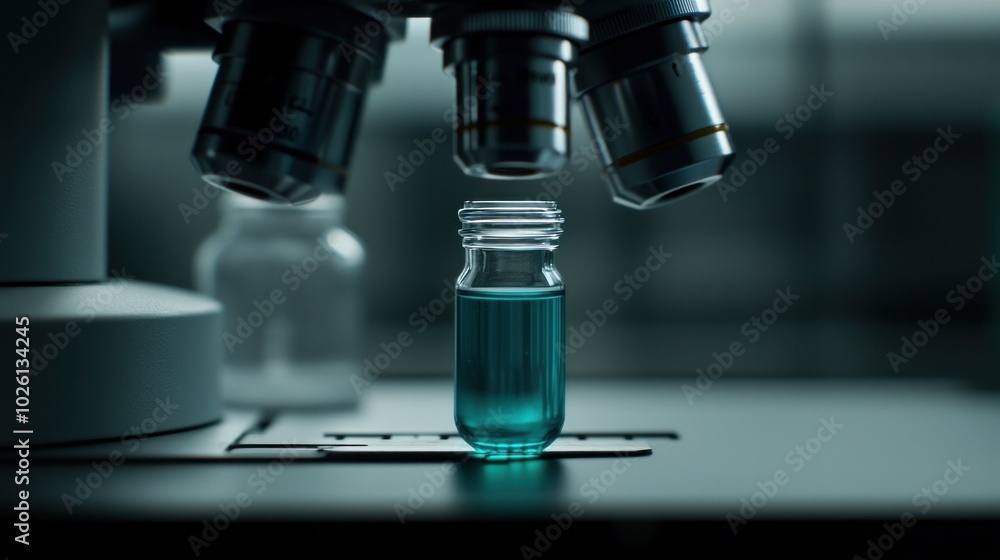 Poster close-up of a microscopic view showcasing a vial with teal liquid, ideal for science and laboratory 