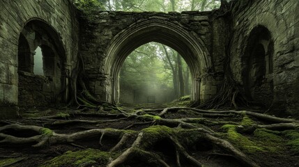 Naklejka premium Ancient Stone Archway Overgrown With Roots and Moss in a Misty Forest